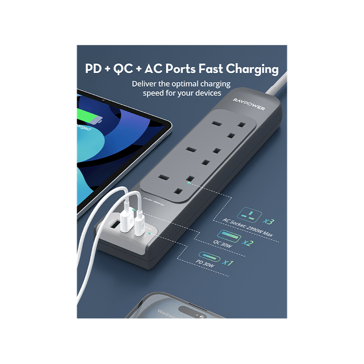 RavPower PD30 3 AC Multiport Socket With 3M Cable / USB-C / USB-A