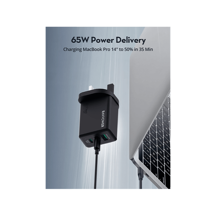RavPower 2-Port USB-C and 1-Port USB-A PD 65W GaN Wall Charger - Black