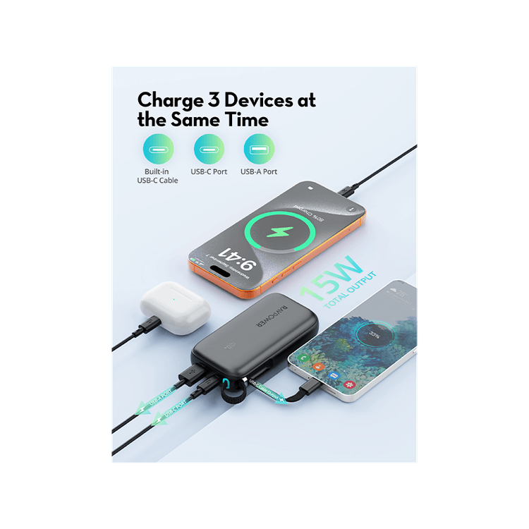 RavPower 1-Port USB-C and 1-Port USB-A PD 45W With Built-In USB-C Cable 10000mAh Power Bank - Black