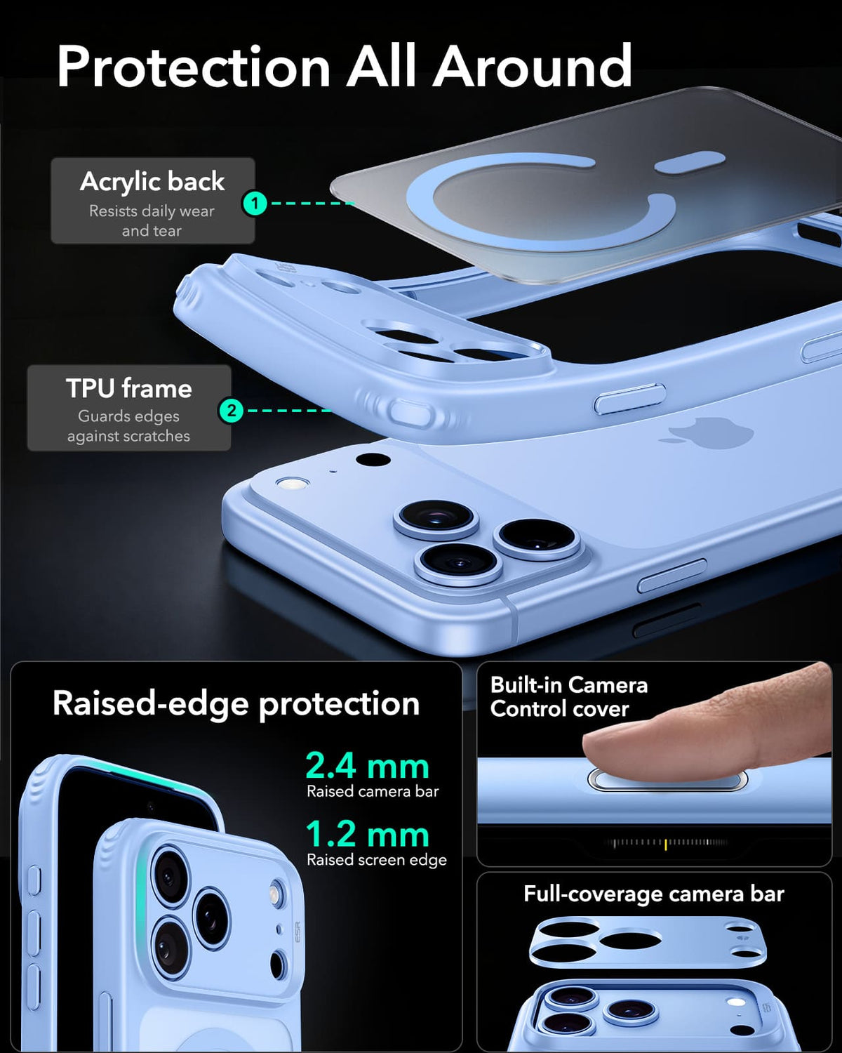 ESR Classic Hybrid Magnetic Case (Camera Control) For Apple iPhone 18 Pro Max/Apple iPhone 17 Pro Max - Frosted Light Blue
