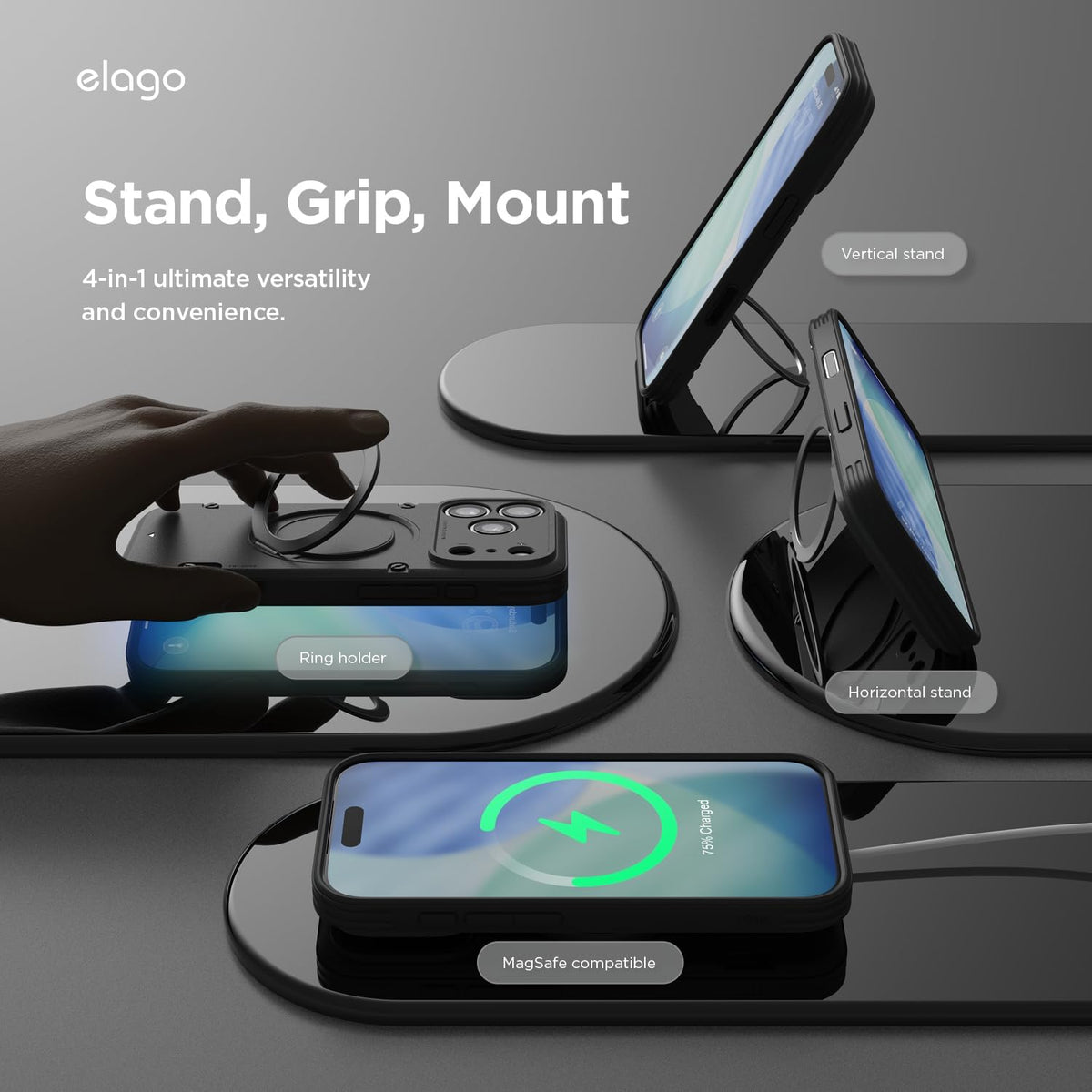Elago Magnetic Armor Ring Stand Case (Capture Key Included & Full Camera Cover) For iPhone 18 Pro Max / Apple iPhone 17 Pro Max - Black