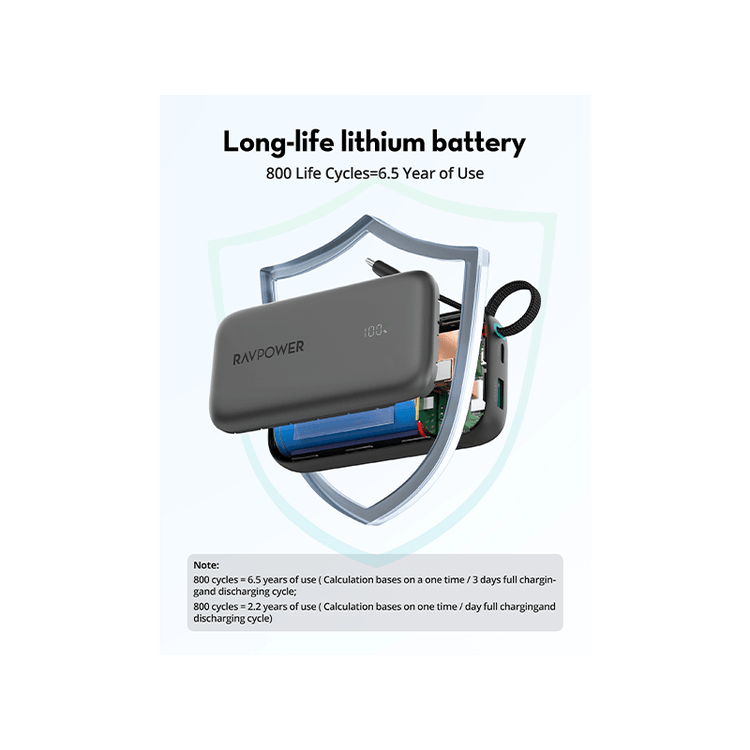 RavPower 1-Port USB-C and 1-Port USB-A PD 45W With Built-In USB-C Cable 10000mAh Power Bank - Black