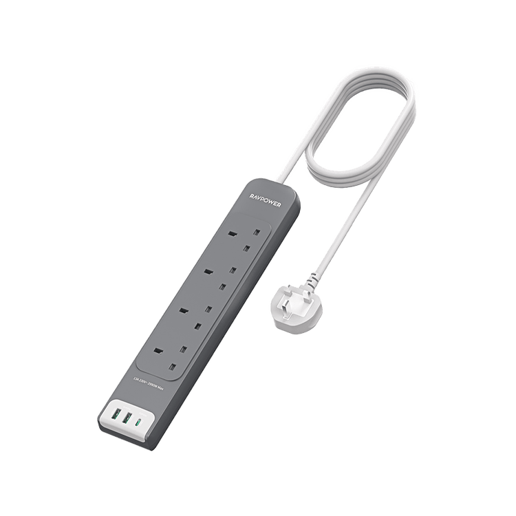 مشترك كهربائي متعدد المنافذ راف باور بمنفذ USB-C ومنفذي USB-A وتقنية PD30 و4 مقابس تيار متردد مع كابل بطول 3 أمتار