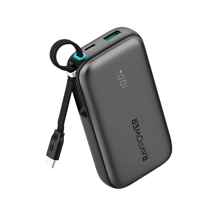 RavPower 1-Port USB-C and 1-Port USB-A PD 45W With Built-In USB-C Cable 10000mAh Power Bank - Black