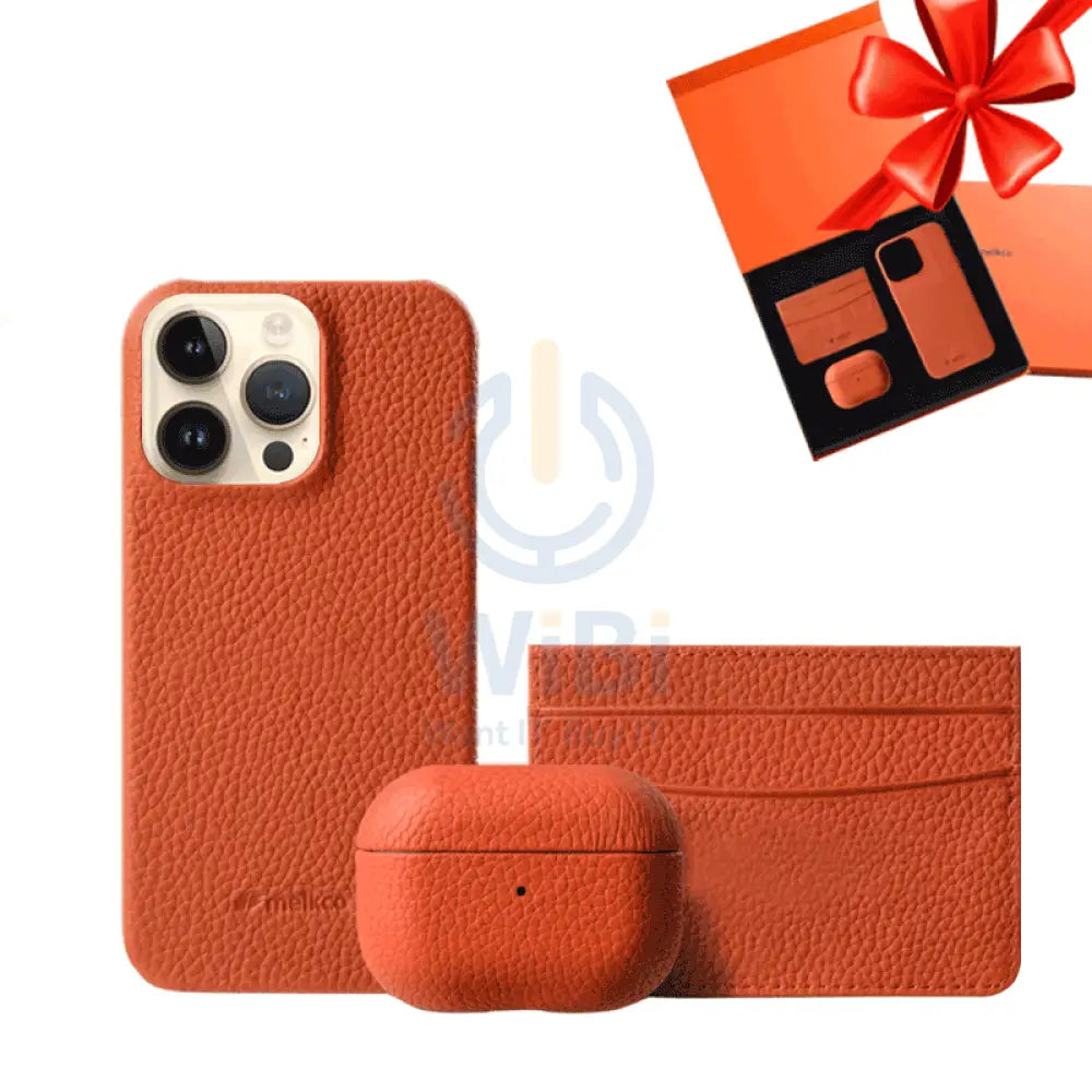 iPhone 14 Pro - Airpod 3 - Orange Leather Case Gift Set With Wallet Accessories > Mobiles & Tablets