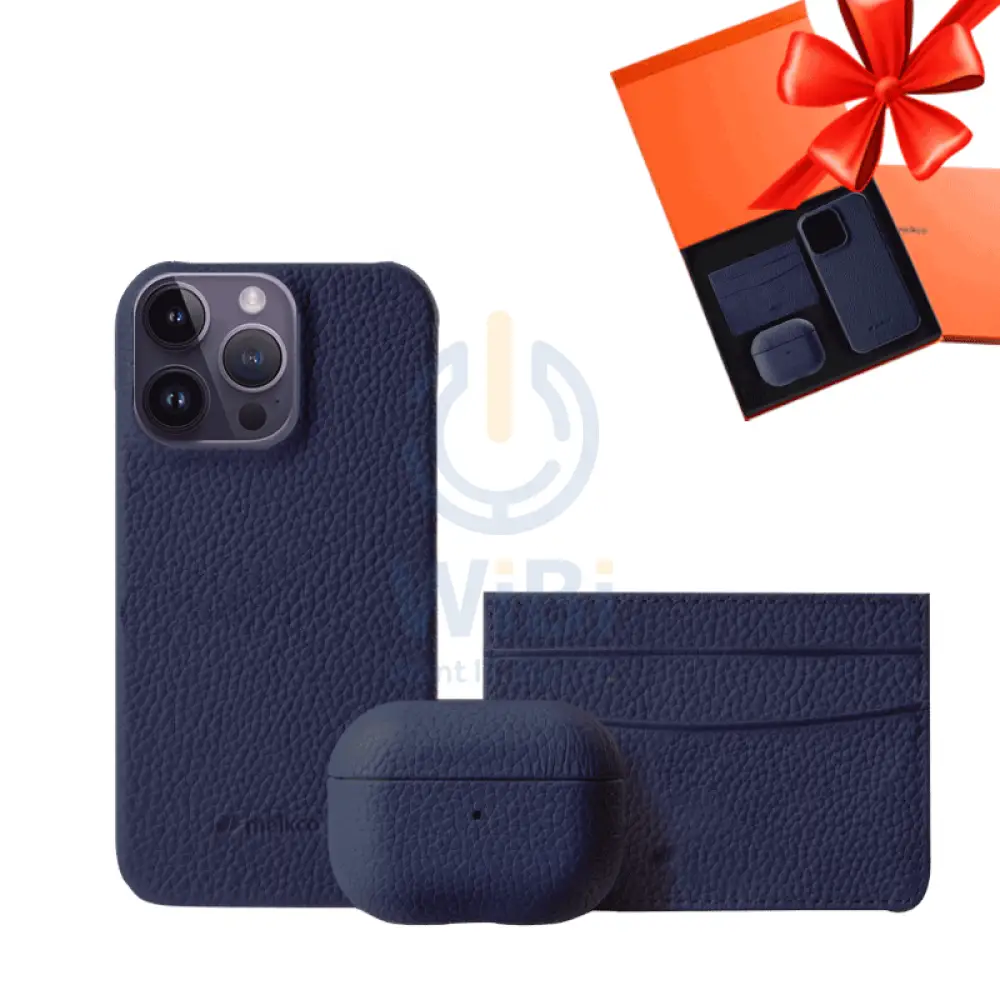 iPhone 14 Pro Max - Airpod Pro - Dark Blue Leather Case Gift Set With Wallet Accessories > Mobiles & Tablets