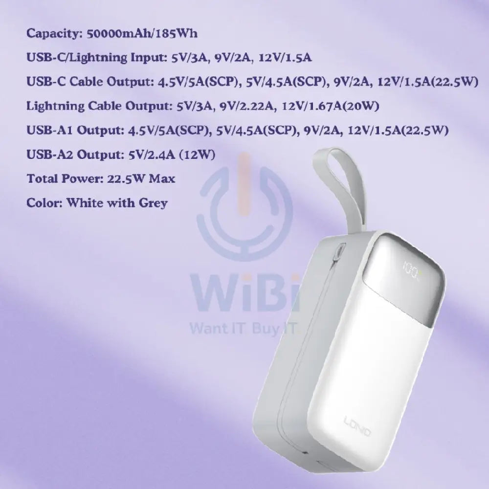 Ldnio PQ50 Fast Charging Power Bank - 50,000mAh / 22.5W / White Accessories > Power Bank