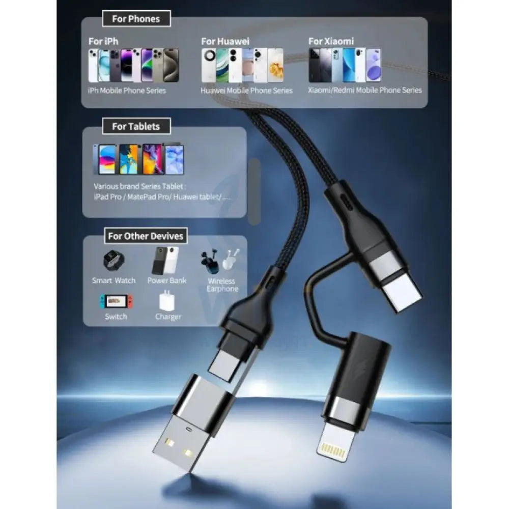 LEEDOR LD 008Q 4 in 1 Fast Charging data Cable 100W / 1.2 Meter / USB C / Lightning / USB A Black Accessories > Cables