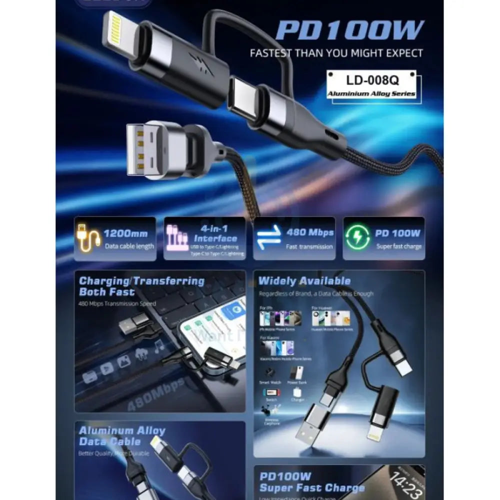LEEDOR LD 008Q 4 in 1 Fast Charging data Cable 100W / 1.2 Meter / USB C / Lightning / USB A Black Accessories > Cables