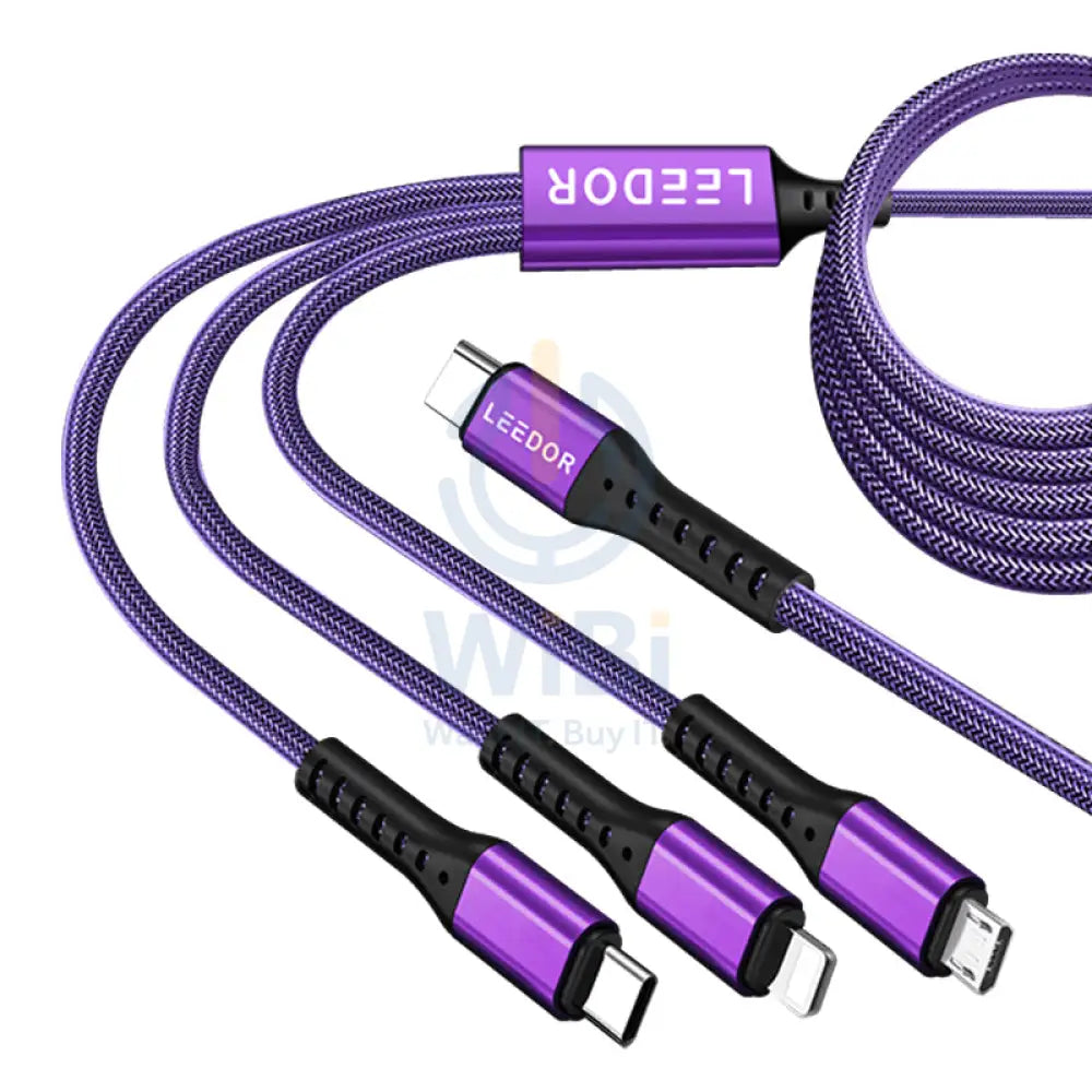 LEEDOR LD 009Q 3 in 1 Fast Charging data Cable 60W / 3 Meter / Type C / Lightning / Micro USB / Purple Accessories >