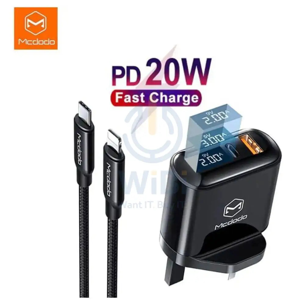 Mcdodo PD + QC Fast Charging Adapter With Type C To Lightning PD Cable - 20W / Black