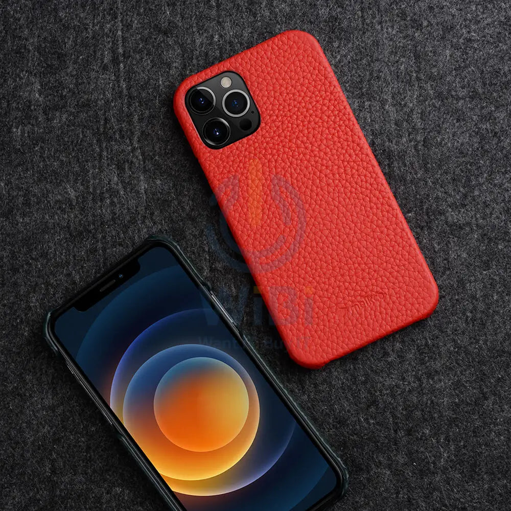 Melkco Back Snap Series Lai Chee Pattern Premium Leather Snap Cover Case - Apple iPhone 12 Pro Max / Red Accessories >
