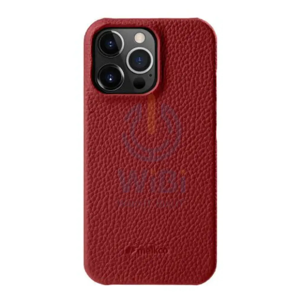 Melkco Back Snap Series Lai Chee Pattern Premium Leather Snap Cover Case - Apple iPhone 14 Pro / Red Accessories >
