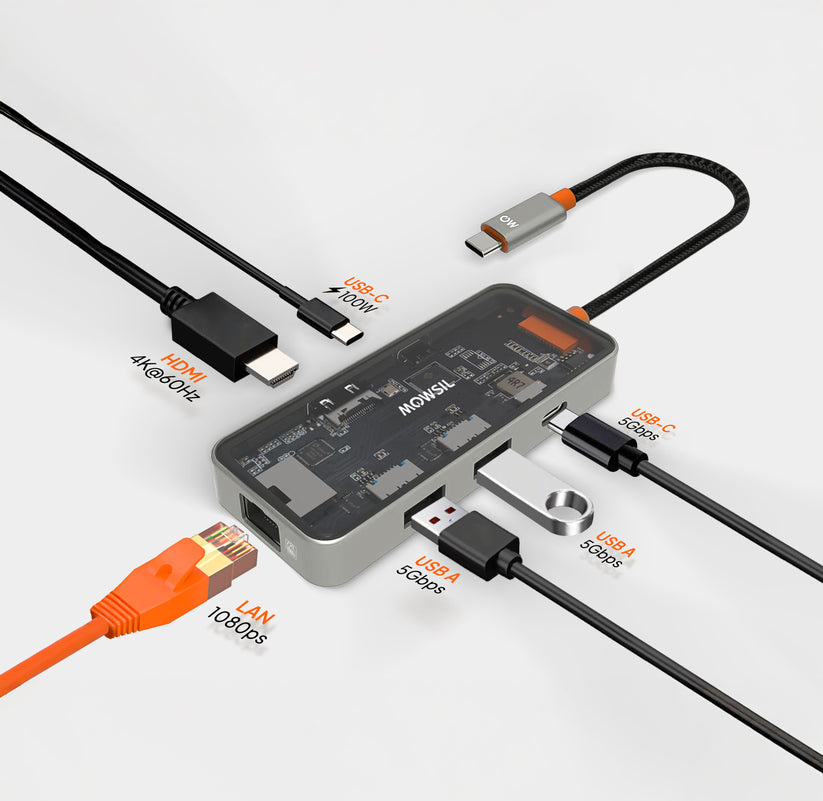 موزع  Mowsil 6 في 1 يو اس بيمحطة الارساء  4K إتش دي إم أي  100 واط يو اس بي PD / RJ45 /يو اس بي .0 / شفاف