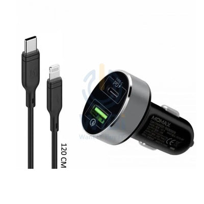 Momax 2in1 USB-C PD Car Fast Charger With Lightning Cable - 20W / USB-C / Black
