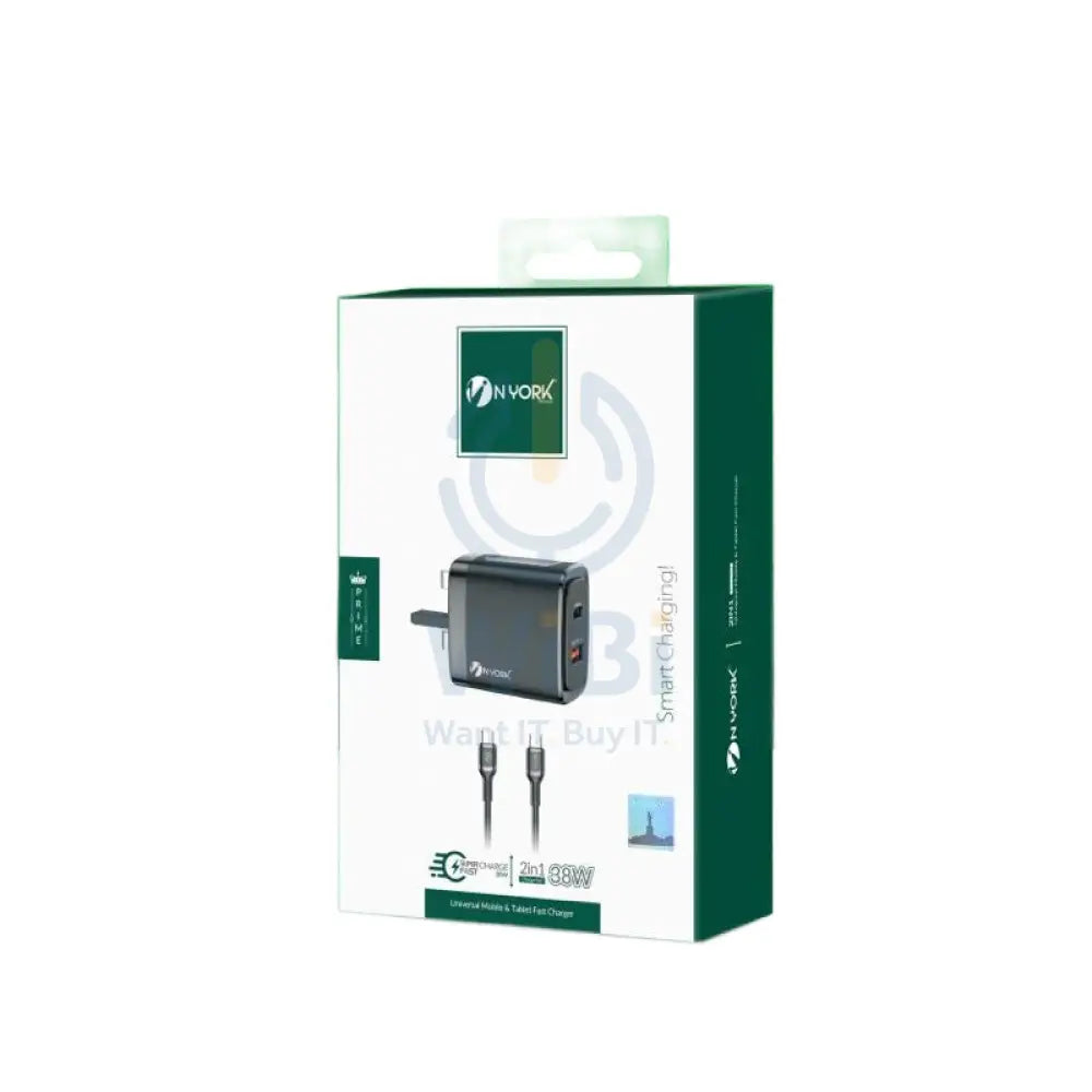 NYORK Adaptor With Type-C to Type-C Cable 2in1 Charge Suite - 38W / Black Accessories > Power Adapters