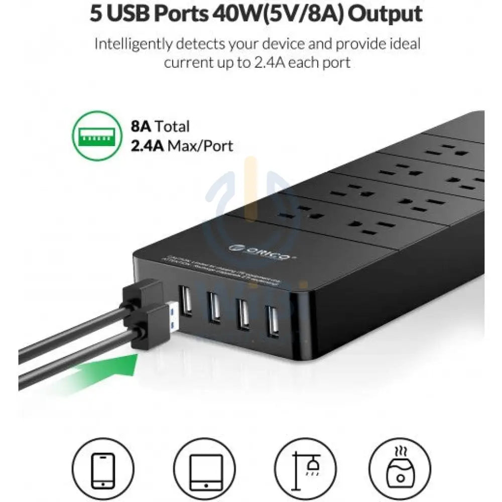 ORICO 8 Ac Outlets 5 USB Ports Surge Protector & USB Charger - Black Accessories > Power > Power Protection > Surge