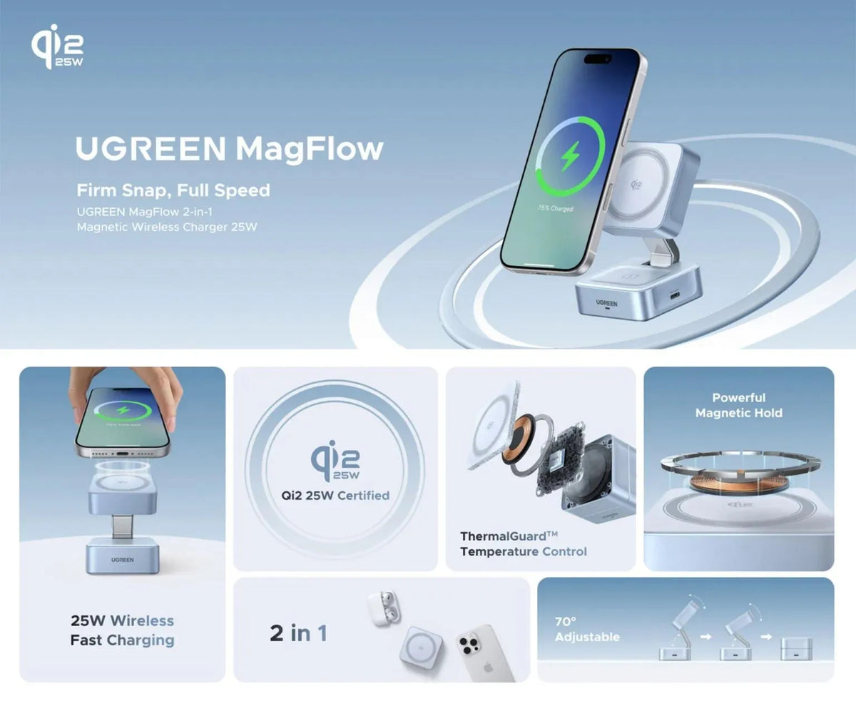UGREEN QI2- 2-in-1 Magnetic Wireless Charger - 25W / Blue