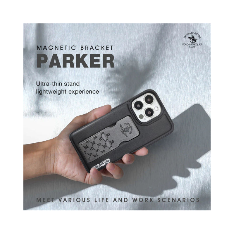 Polo Parker Magnetic Bracket Genuine Santa Barbara Leather Case - iPhone14 Max / Grey