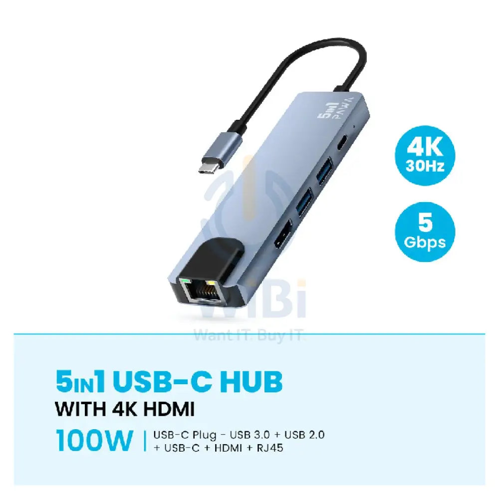 Pawa 5 in1 USB-C HUB With 4K HDMI - Grey Accessories > USB Hub