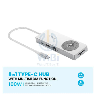 Pawa 8-in-1 USB-C HUB With With Multimedia Function - Grey Accessories > USB Hub