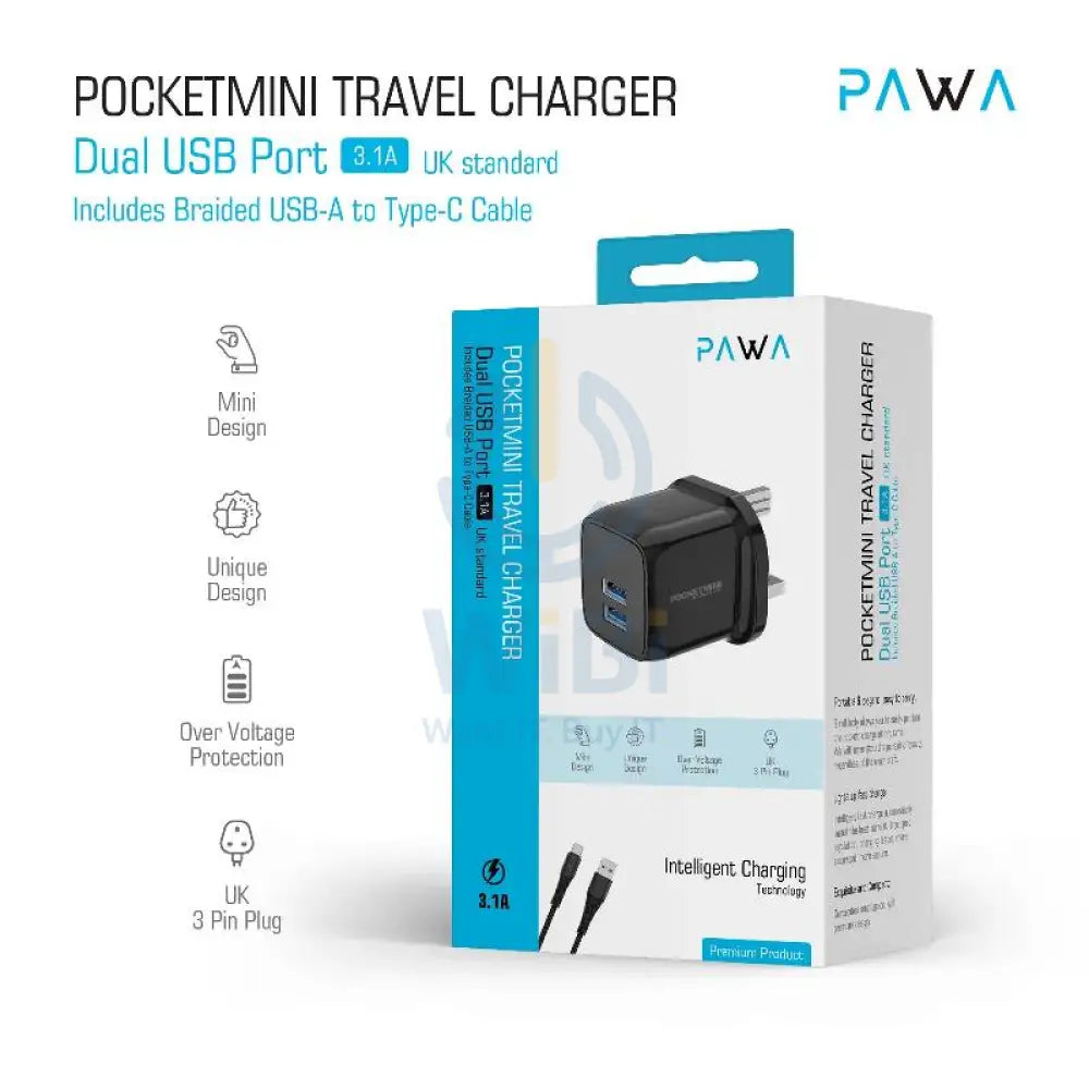 Pawa Pocket Mini Travel Charger with Type-C Cable - 2x USB / Black Accessories > Power Adapters