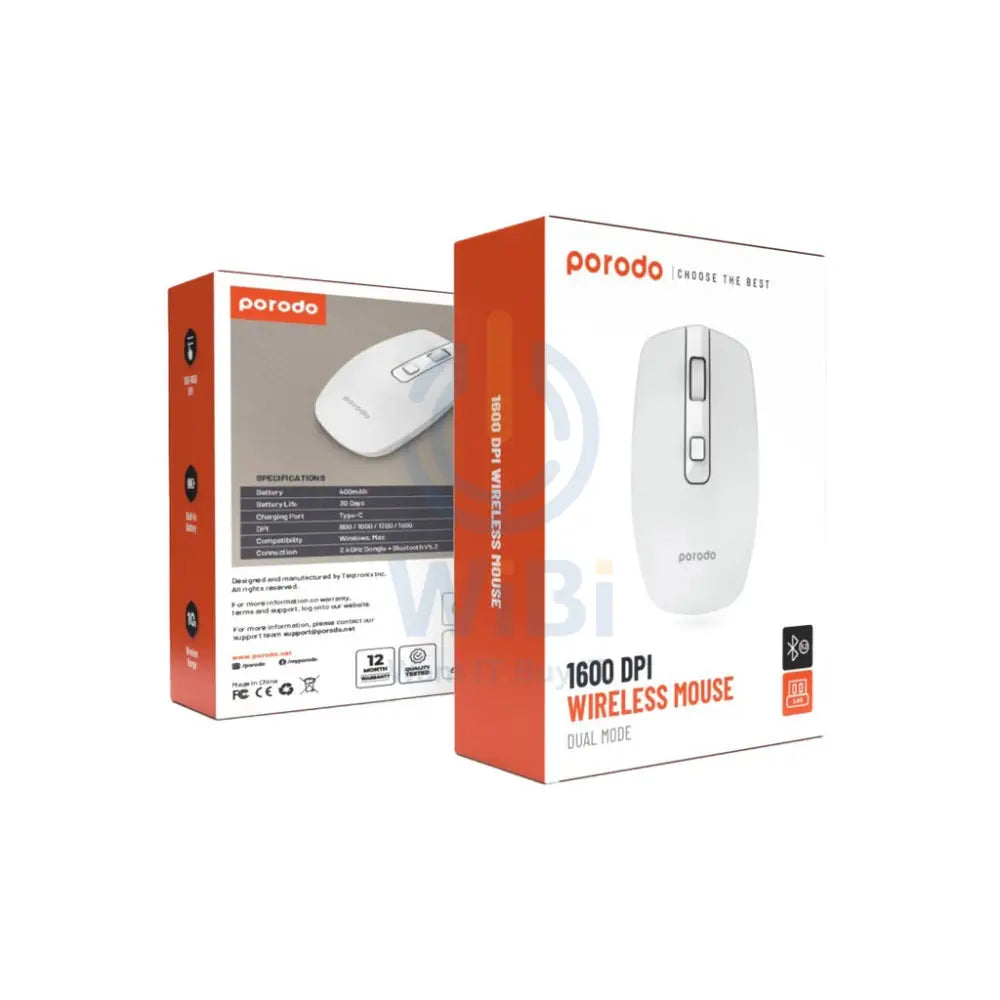 Porodo 2.4G Wireless and Bluetooth Rechargeable Mouse DPI 1600 - White Accessories > Keyboard & Mouse