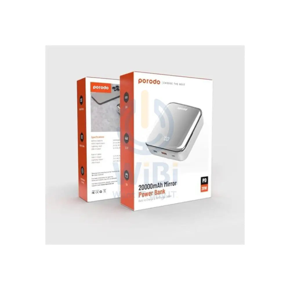 Porodo 20000mah Mirror Power Bank Built-in Charge - Silver Accessories > Power Bank