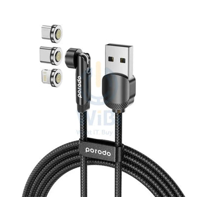Porodo 3in1 Rotating Connector Braided Magnetic Cable - Lightning / Type-C / Micro USB / 1Meter - Black Accessories >