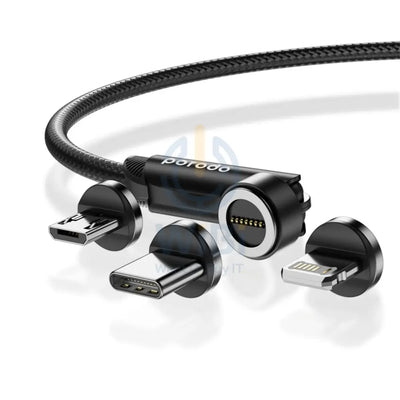 Porodo 3in1 Rotating Connector Braided Magnetic Cable - Lightning / Type-C / Micro USB / 1Meter - Black Accessories >