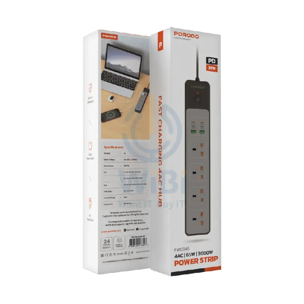 Porodo 4AC 65W 3000W Power Strip - 3M UK Plug / USB-C / USB-A / Black Accessories > Power > Power Protection > Surge