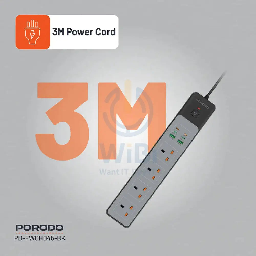 Porodo 4AC 65W 3000W Power Strip - 3M UK Plug / USB-C / USB-A / Black Accessories > Power > Power Protection > Surge