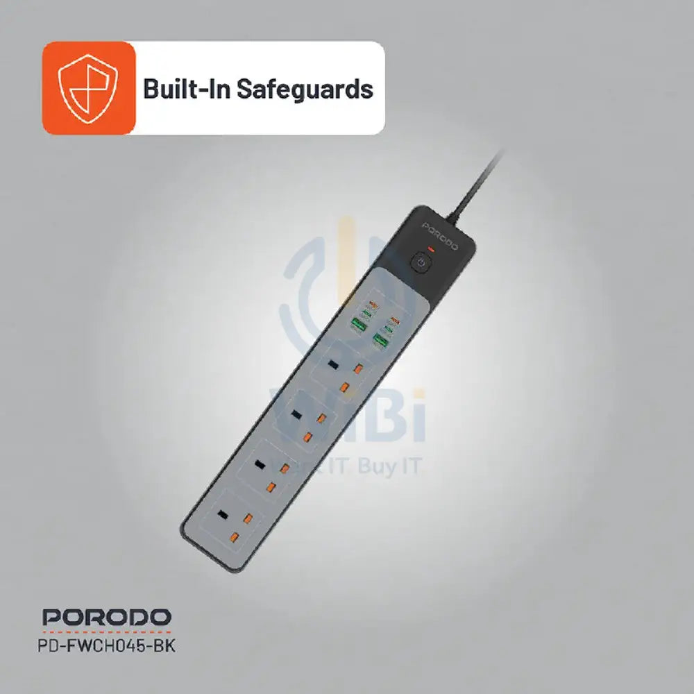 Porodo 4AC 65W 3000W Power Strip - 3M UK Plug / USB-C / USB-A / Black Accessories > Power > Power Protection > Surge