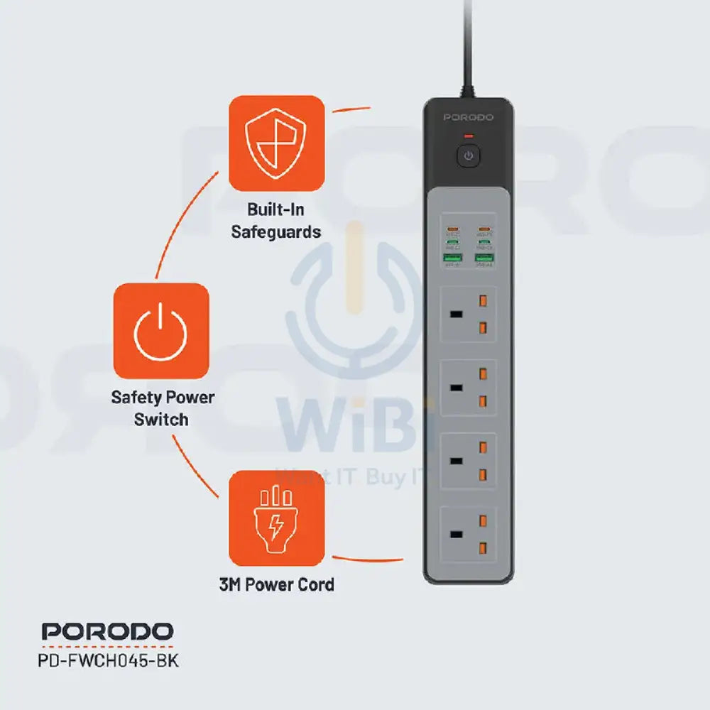 Porodo 4AC 65W 3000W Power Strip - 3M UK Plug / USB-C / USB-A / Black Accessories > Power > Power Protection > Surge