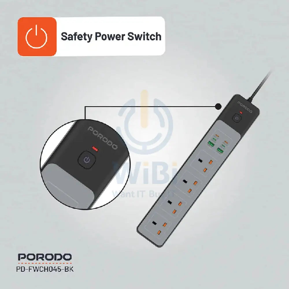 Porodo 4AC 65W 3000W Power Strip - 3M UK Plug / USB-C / USB-A / Black Accessories > Power > Power Protection > Surge