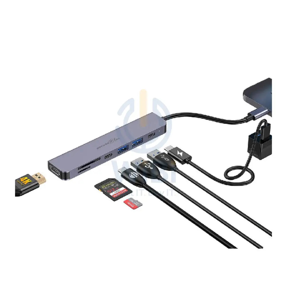 بورودو أزرق 7 في 1 موزع - إتش دي إم أي / 2xUSB-A / 2xUSB-C / SD MicroSD / رمادي اكسسوارات > كبلات & محولات >