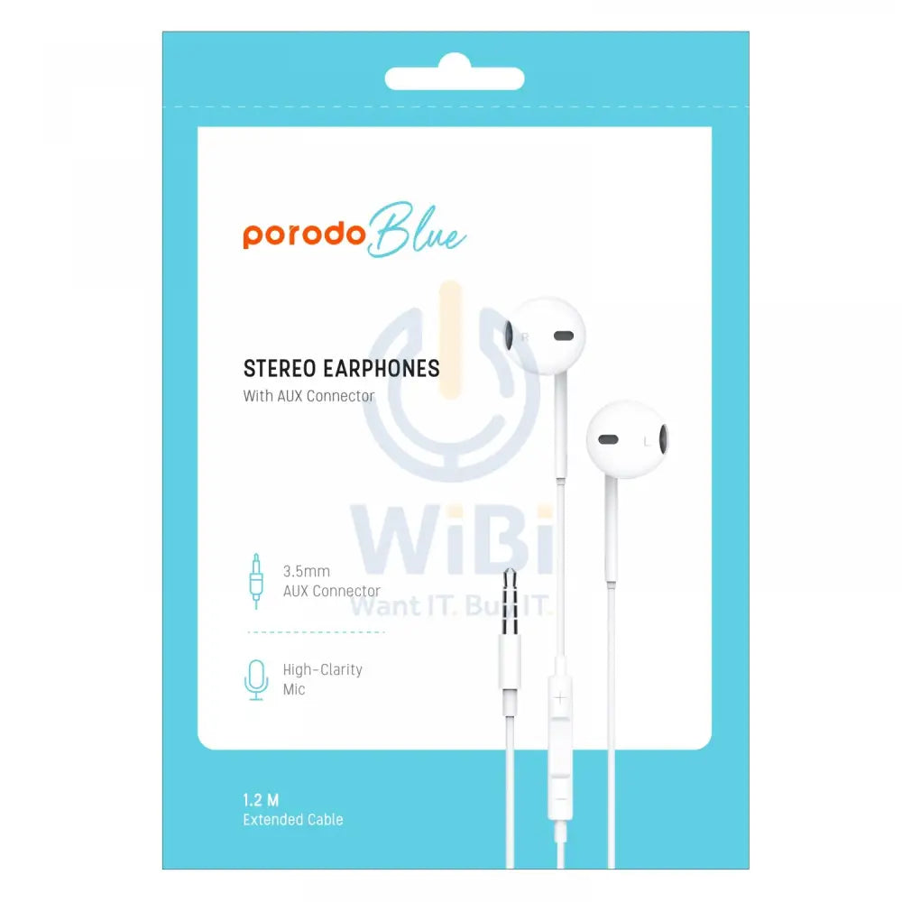Porodo Blue Stereo Earphones With AUX Connector 1.2M/3.5mm - White Accessories > Audio > Headphones
