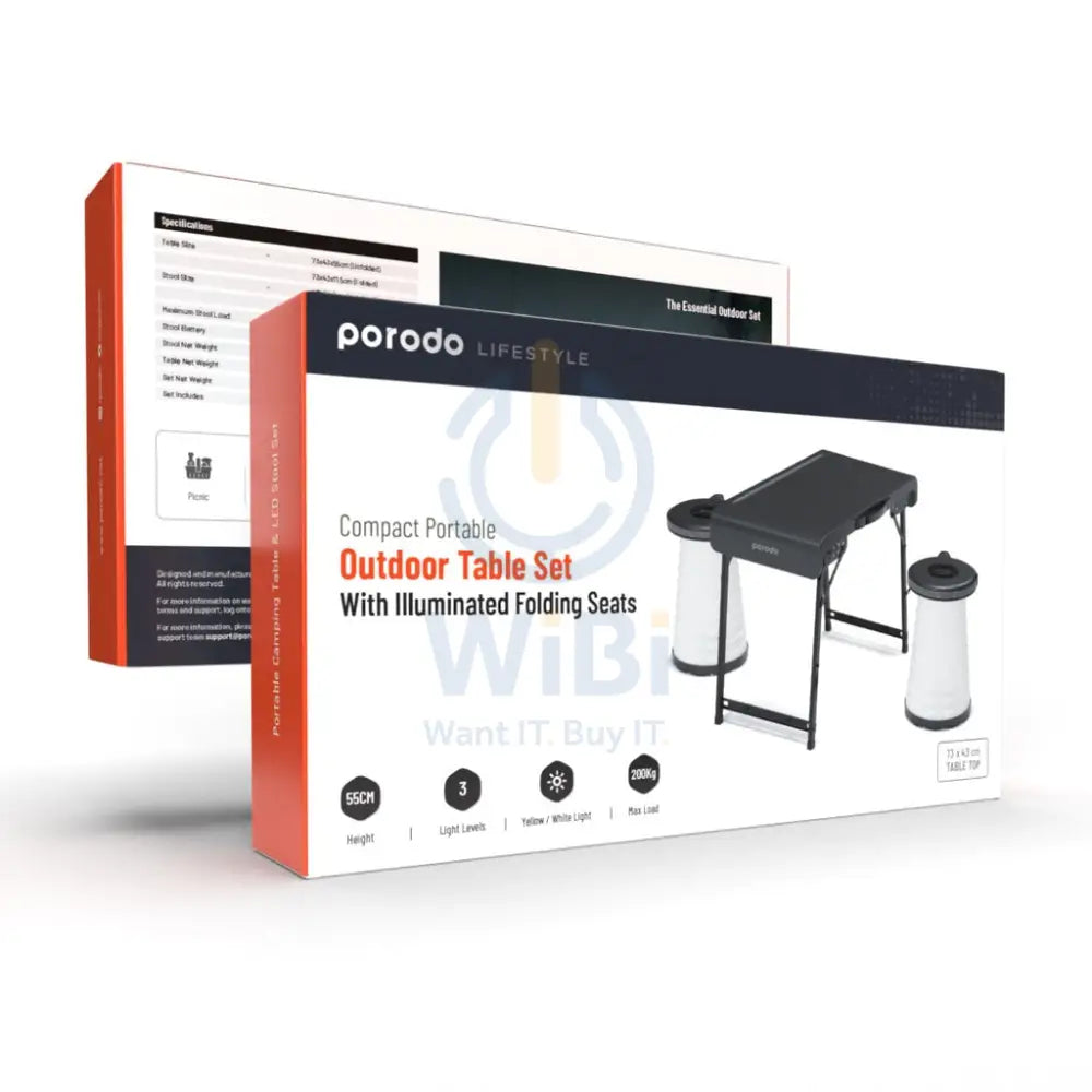 Porodo Camping Foldable Desk and LED (White/Yellow) Stool Set - Grey Accessories > Smart Devices