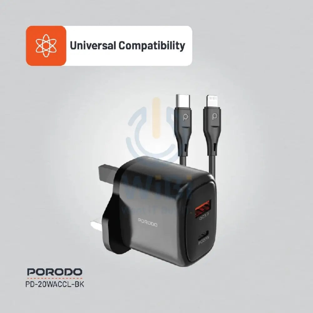 Porodo Charger With USB-C to Lightning Cable - 20W / 1.2 Meter / Black Accessories > Power Adapters