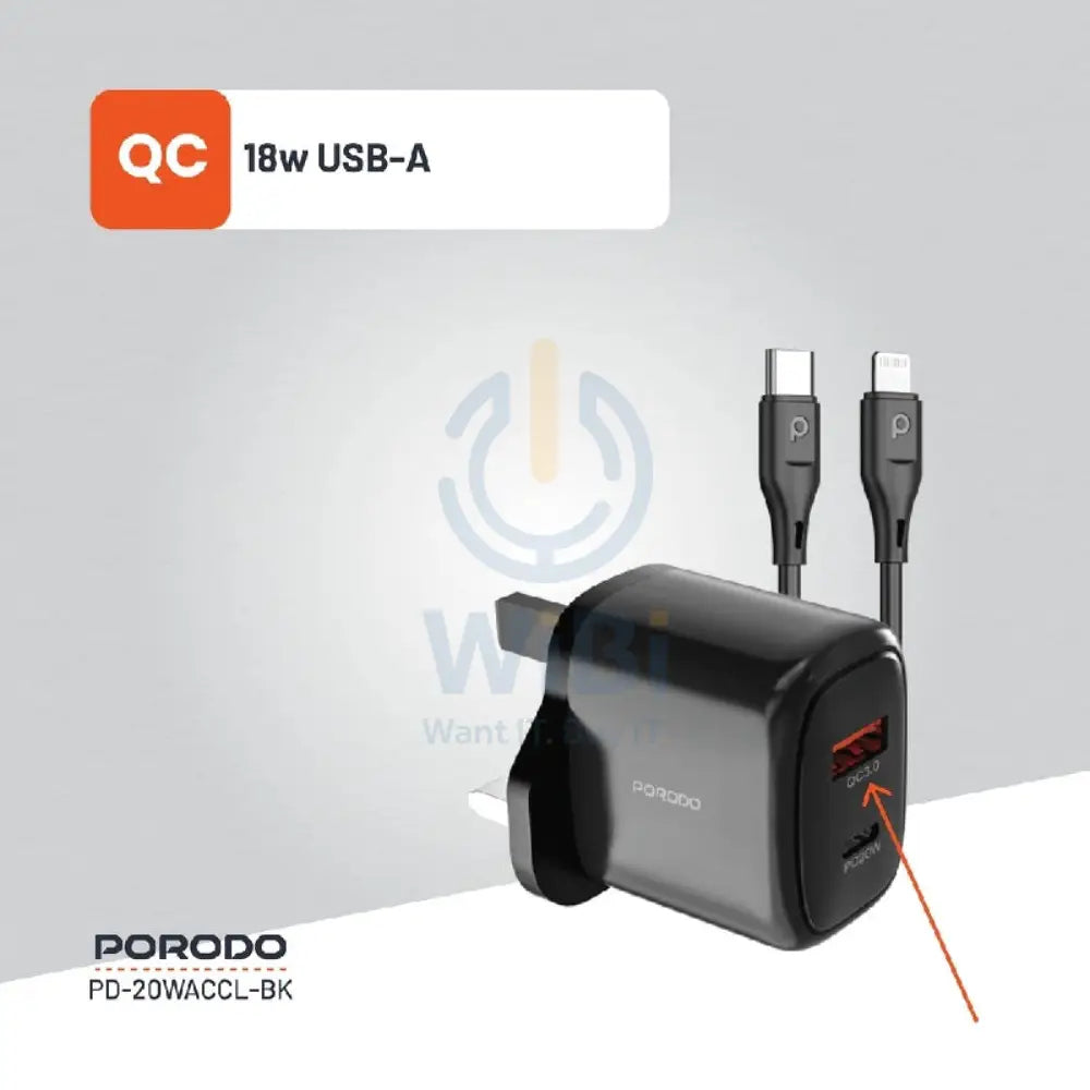Porodo Charger With USB-C to Lightning Cable - 20W / 1.2 Meter / Black Accessories > Power Adapters