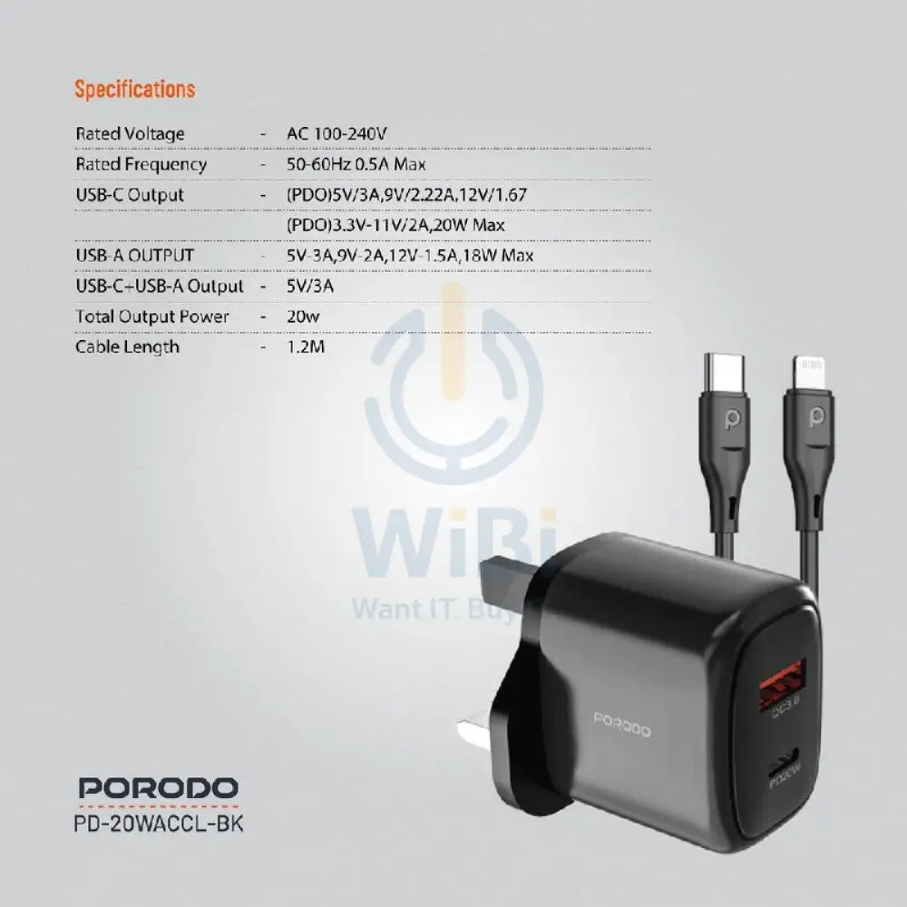 Porodo Charger With USB-C to Lightning Cable - 20W / 1.2 Meter / Black Accessories > Power Adapters