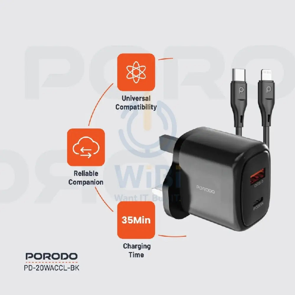 Porodo Charger With USB-C to Lightning Cable - 20W / 1.2 Meter / Black Accessories > Power Adapters