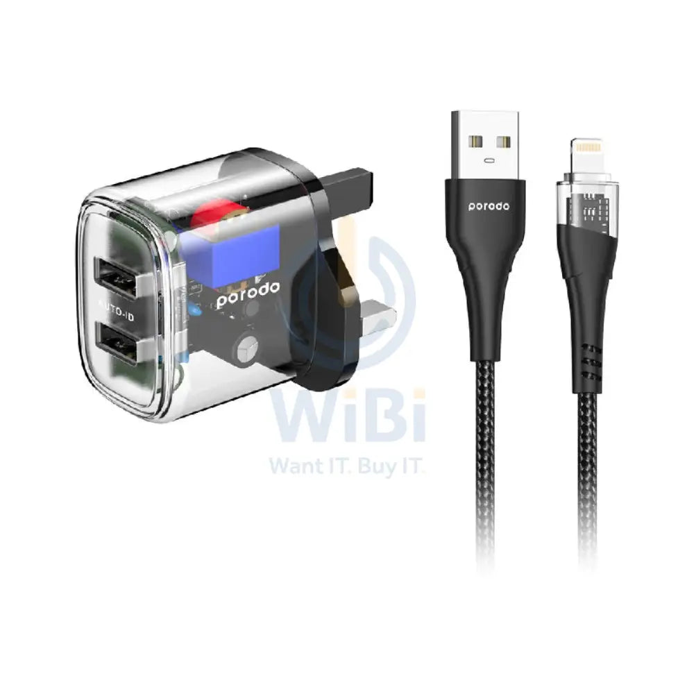 Porodo Dual Output Transparent Charger with Cable - Lightning / 12W / Black Accessories > Power Adapters