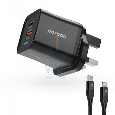 Porodo Dual Port Multi-Device Wall Charger With Integrated Watch Charger - Black Accessories > Power Adapters