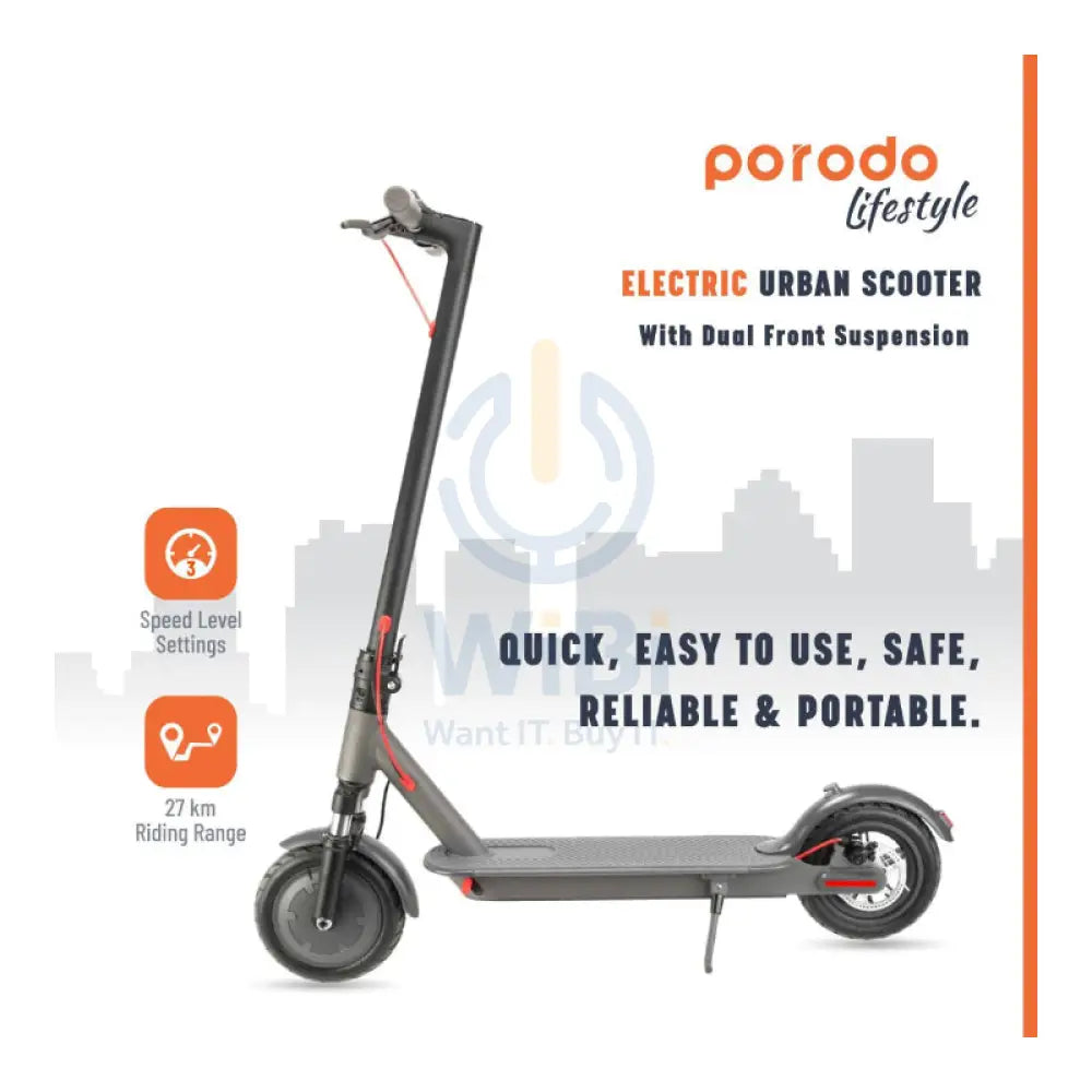 Porodo Electric Urban Scooter with Front Suspension - 25Km/h / 7800mAh / Black Accessories > Smart Devices > Electric