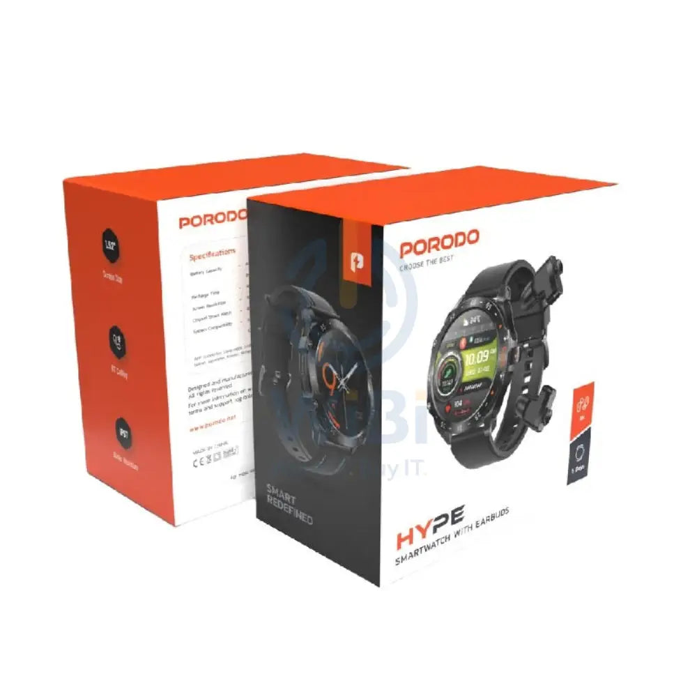 Porodo Hype Smartwatch With Earbuds - 400mAh / Black Smart Watches