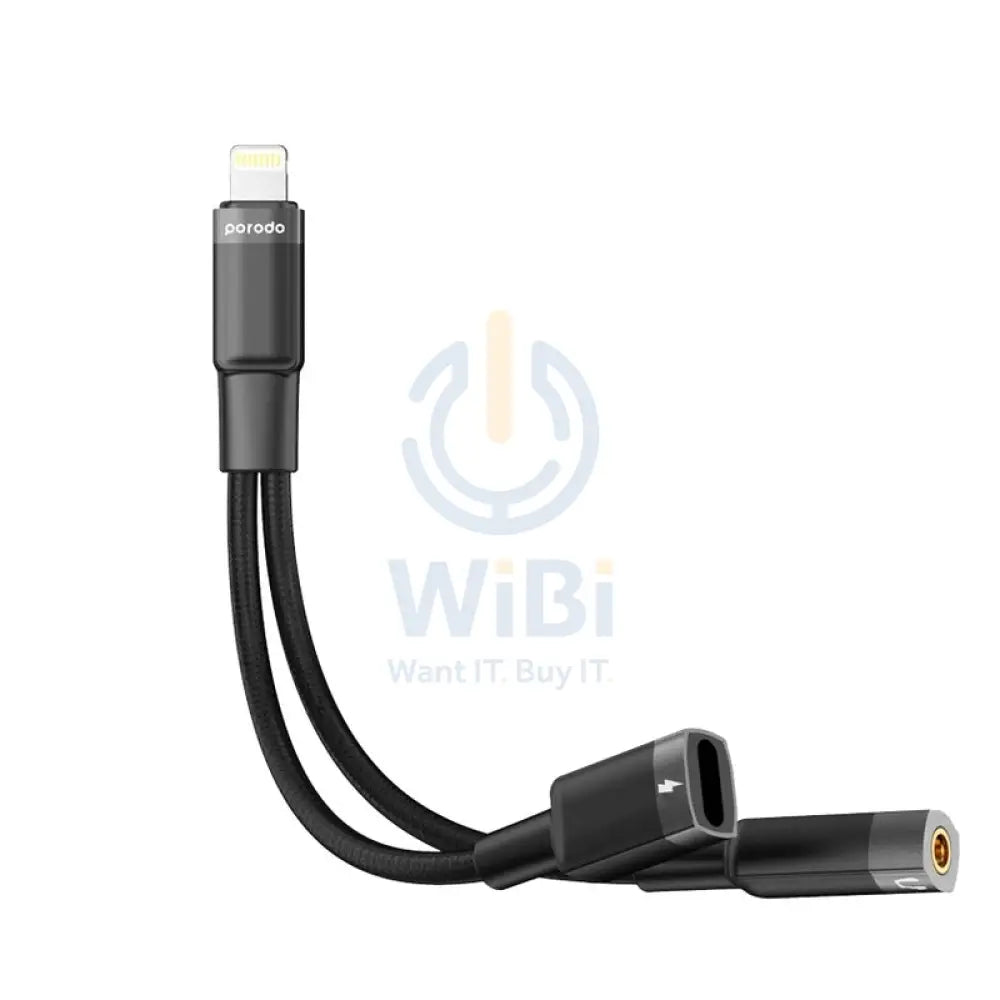 Porodo Lightning Connector Audio And Charge Adapter - 0.12M / Lightning / 3.5 Jack / Black Accessories > Cables &