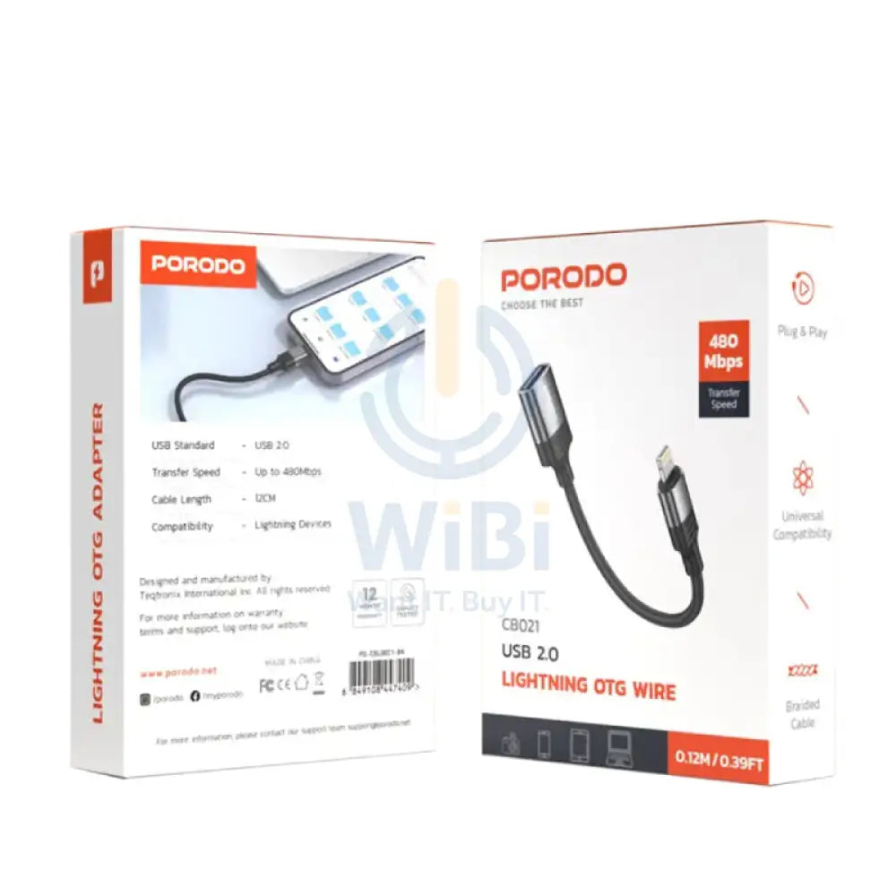 Porodo Lightning OTG Wire - Lightning / Up to 480Mbps / 0.12 Meter / Black Accessories > Cables & Converters >