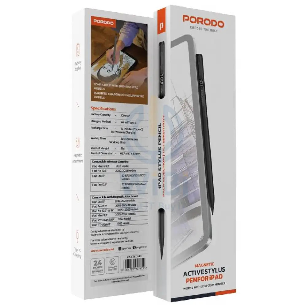 Porodo Magnetic Active Stylus Pen - 100mAh / Black Accessories > Mobiles & Tablets > Tablets > Stylus & Pencil