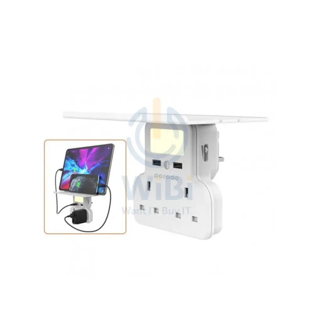 Porodo Multi-Function Socket & Night Light with Tablet & Phone Tray - 3 Socket / White